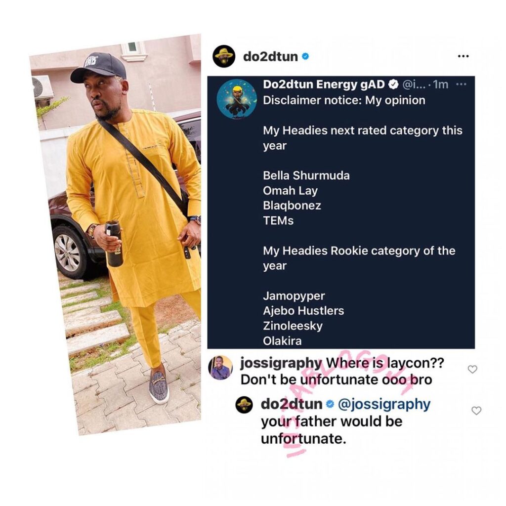 OAP Dotun and a Laycon stan clash bitterly over Headies Nominations [Swipe]