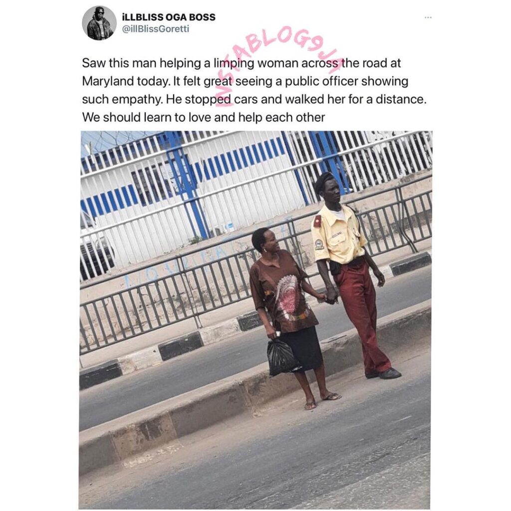 LASTMA officer hailed for helping a physically challenged woman cross the road in Maryland