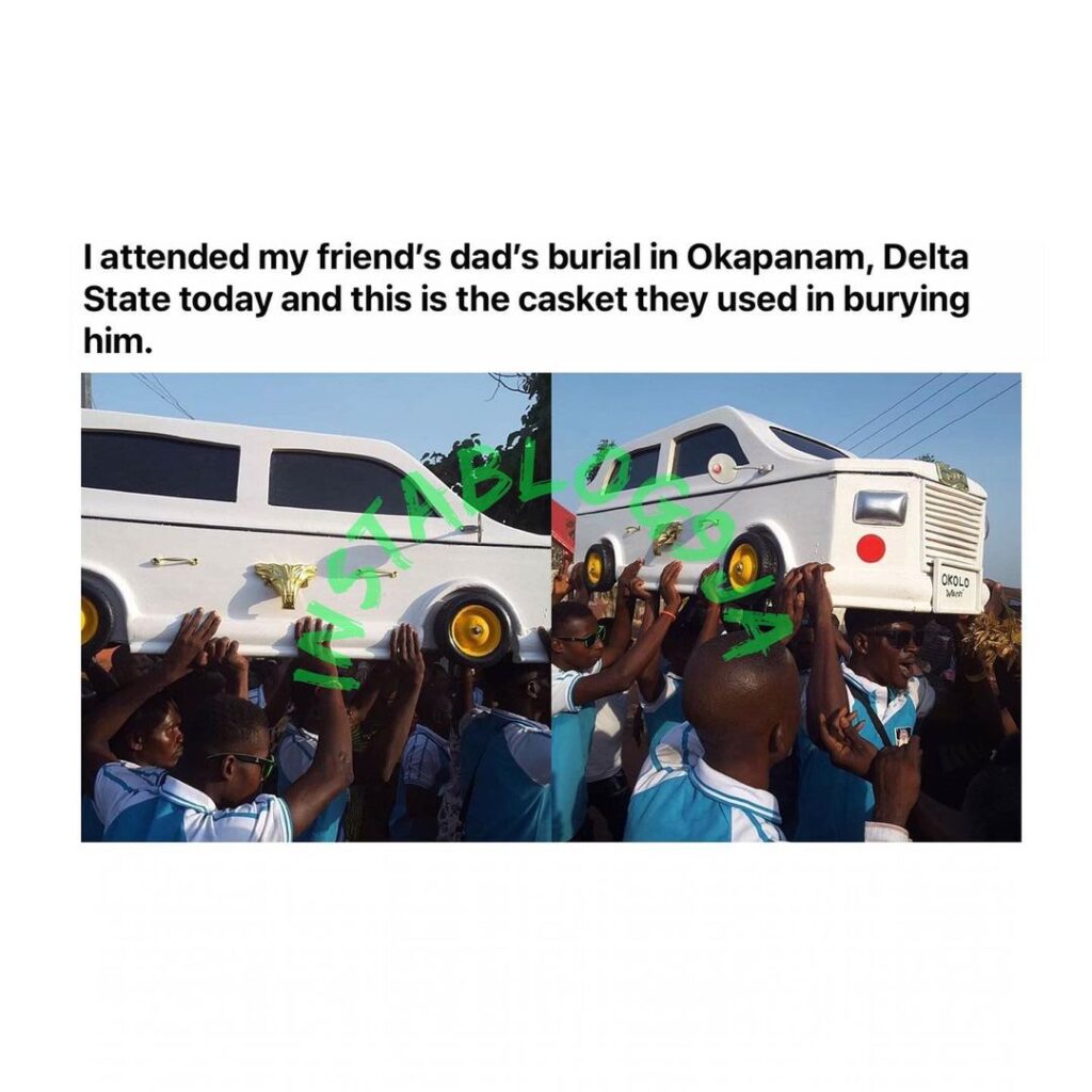 Relatives bury a family member in a car-like casket in Okpanam, Delta State