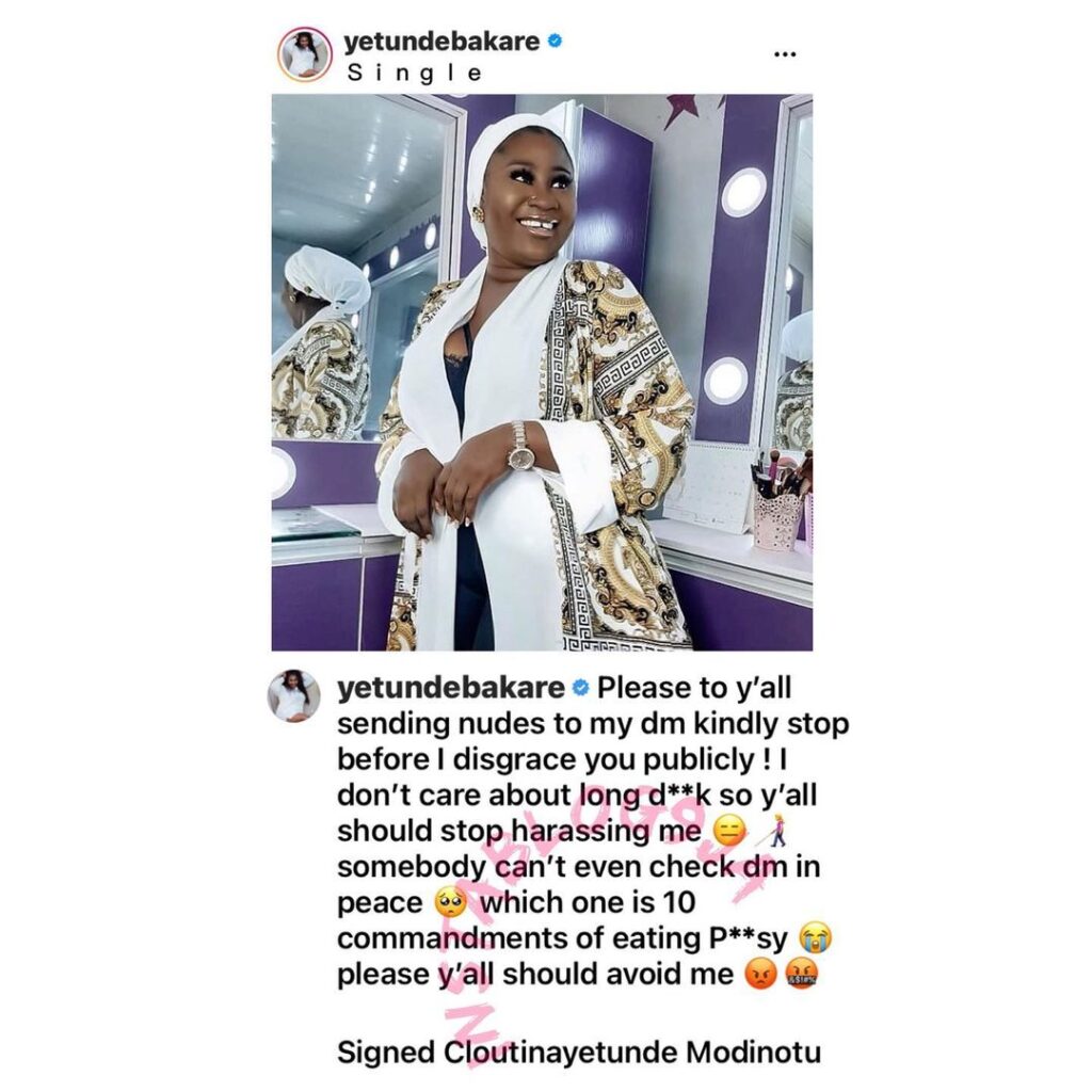 Actress Yetunde Bakare sternly warns those bombarding her DMs with nudes
