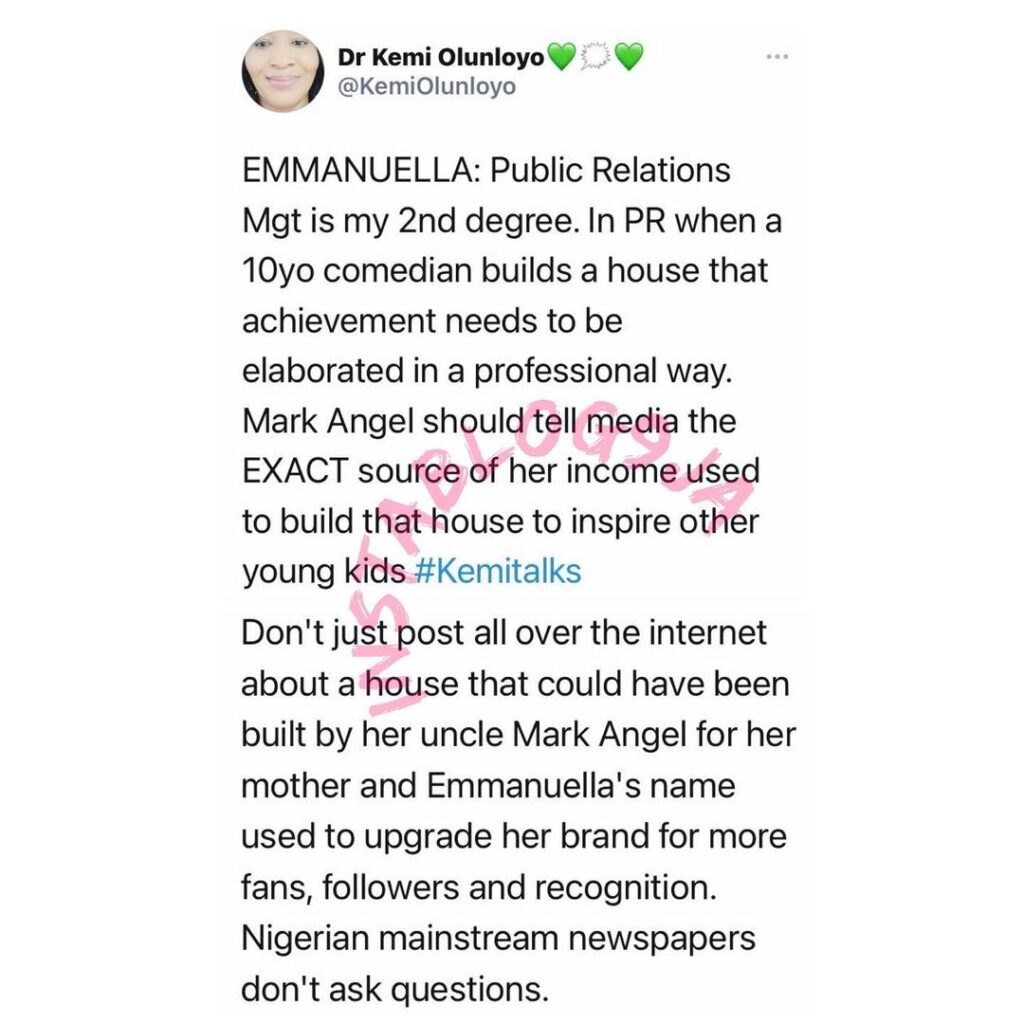 Journalist Olunloyo slams Emmanuella’s team for not revealing her exact source of income after she built a house for her mom. [Swipe]