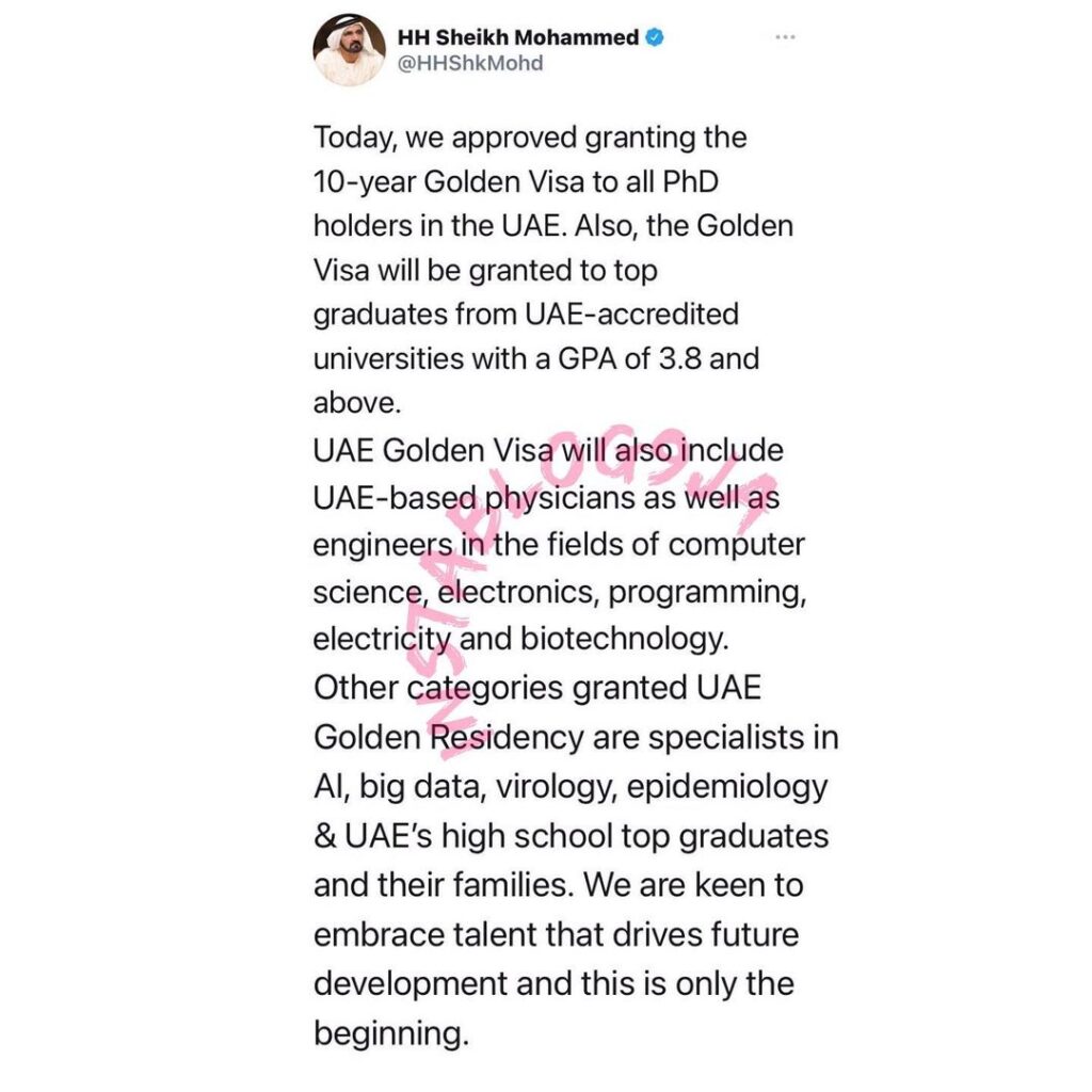 UAE approves 10 years golden visa to all PHD holders