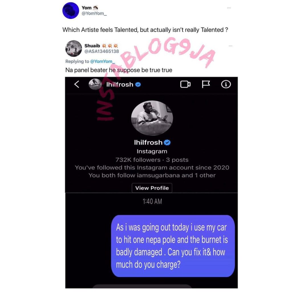 Man consults singer, Lil’frosh, for Panel beating services and he reacts in a Frosh way [SWIPE]