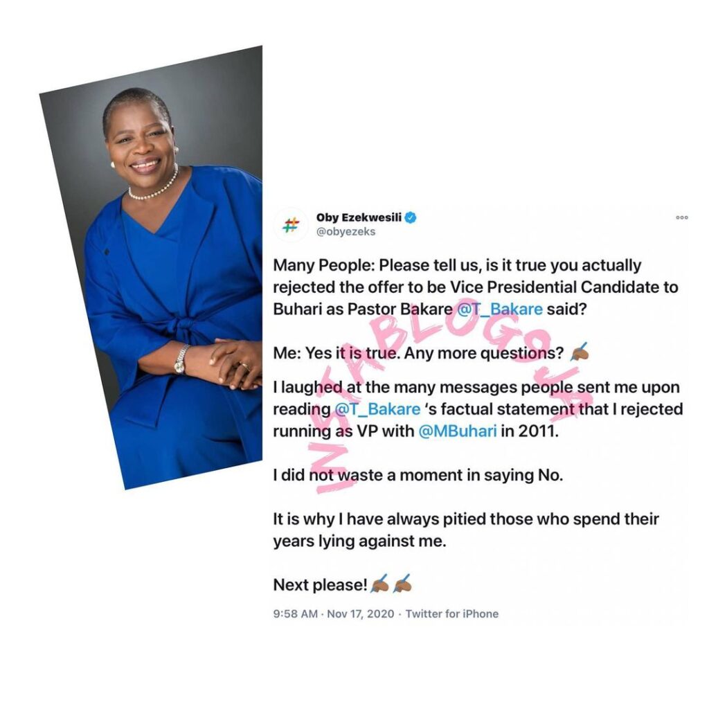 I rejected an offer to be Pres. Buhari's Vice President — Ex minister of education, Oby Ezekwesili