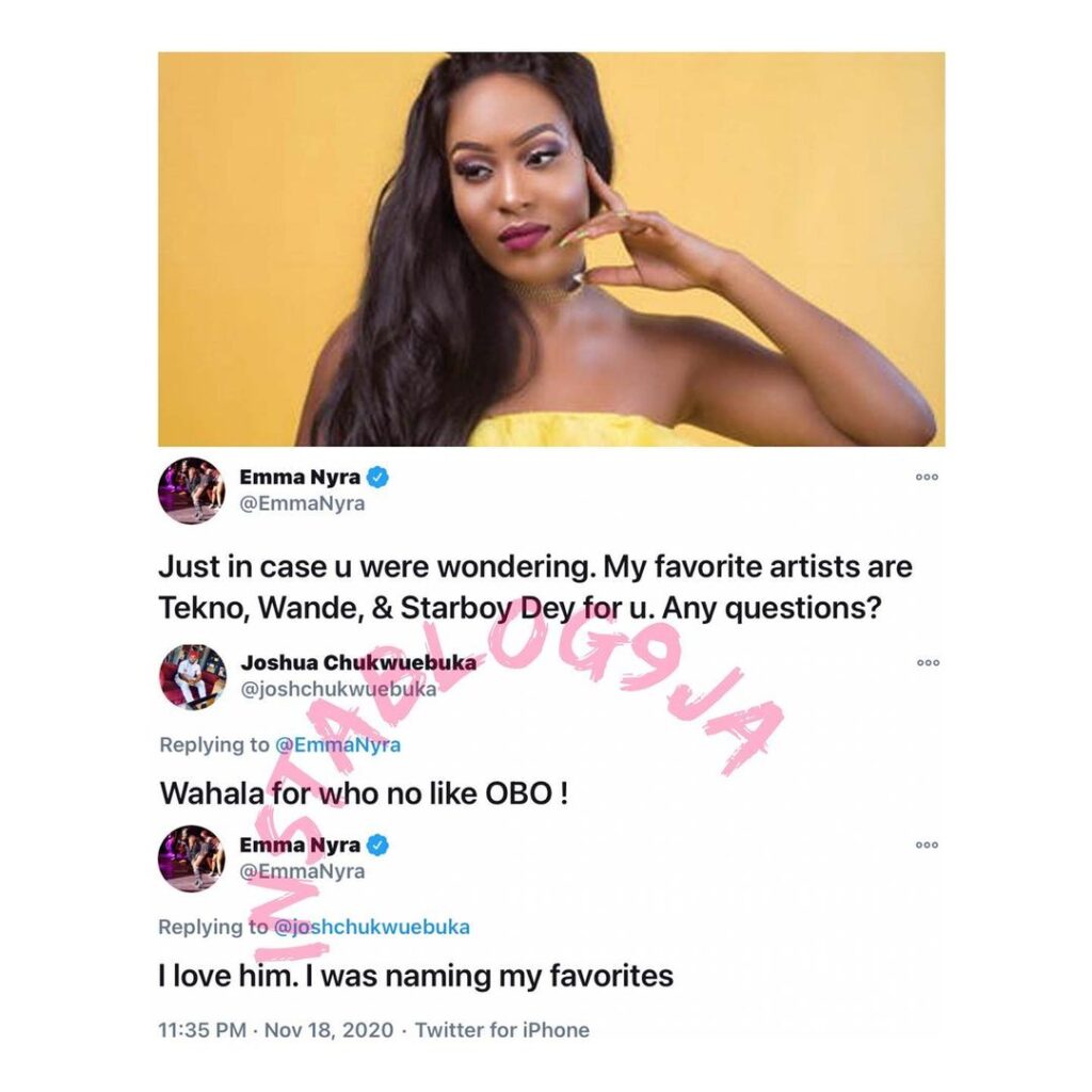 I love him but he isn’t one of my favs, Singer Emma Nyra tells a fan of Davido