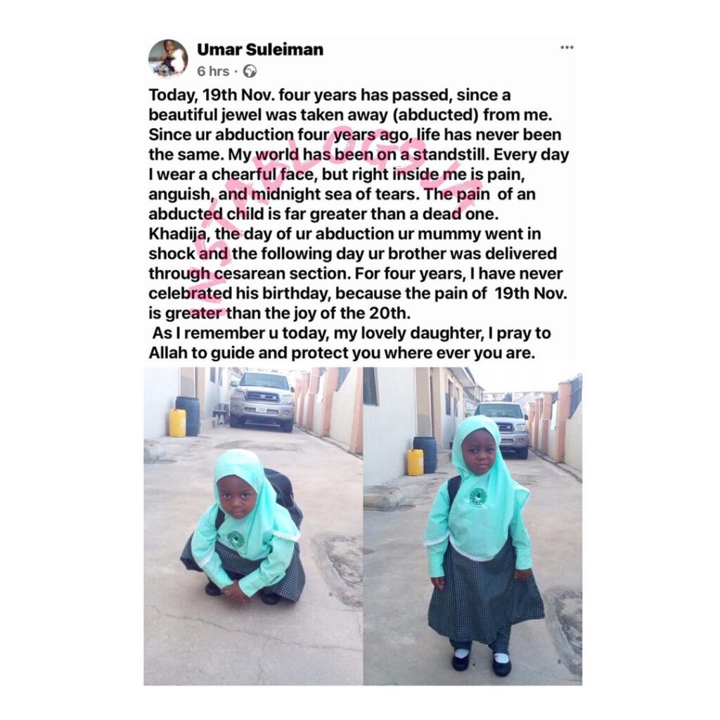 Man writes heartbreaking post on the 4th anniversary of his daughter's abduction