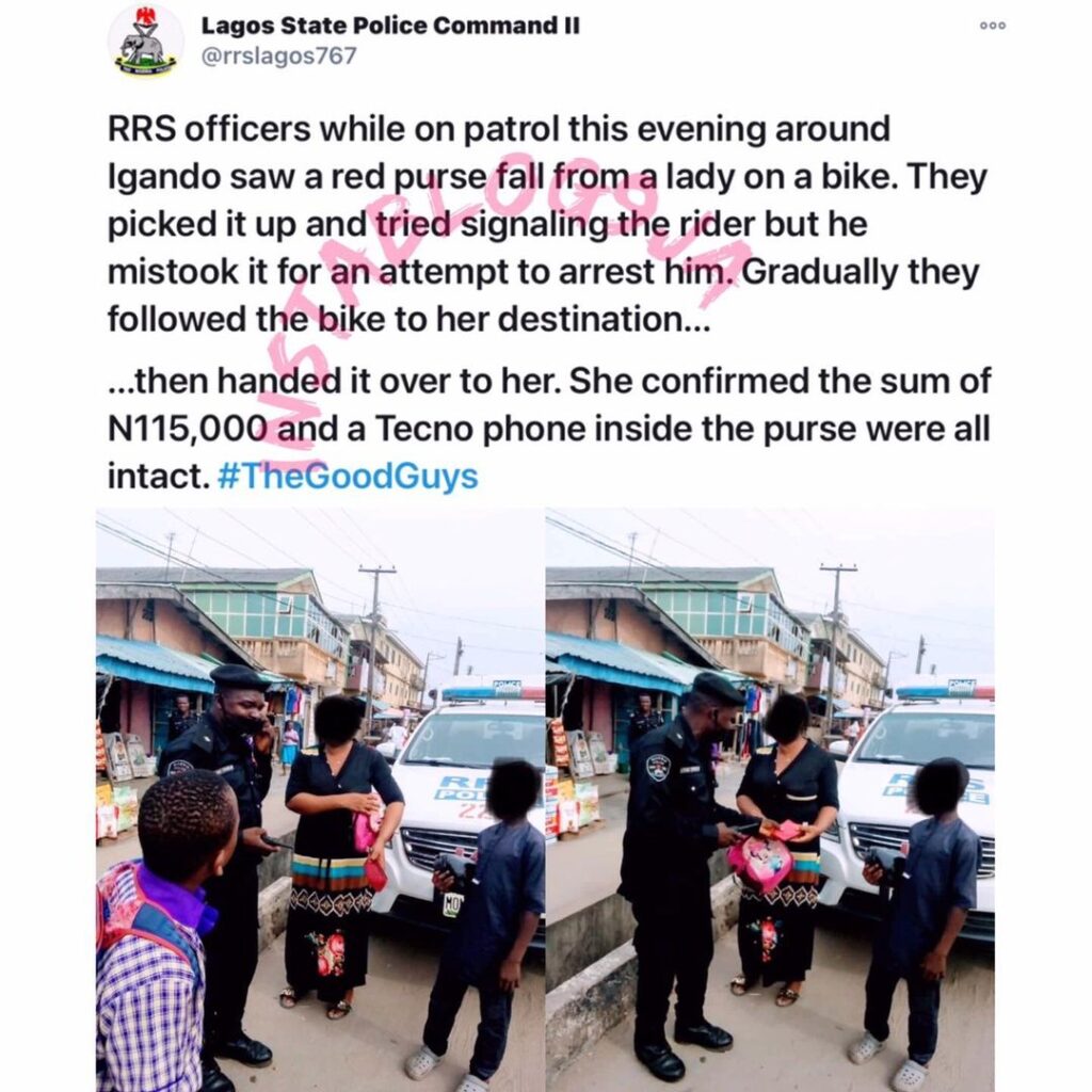 Police officers return missing purse containing N115k, phone to its owner in Lagos