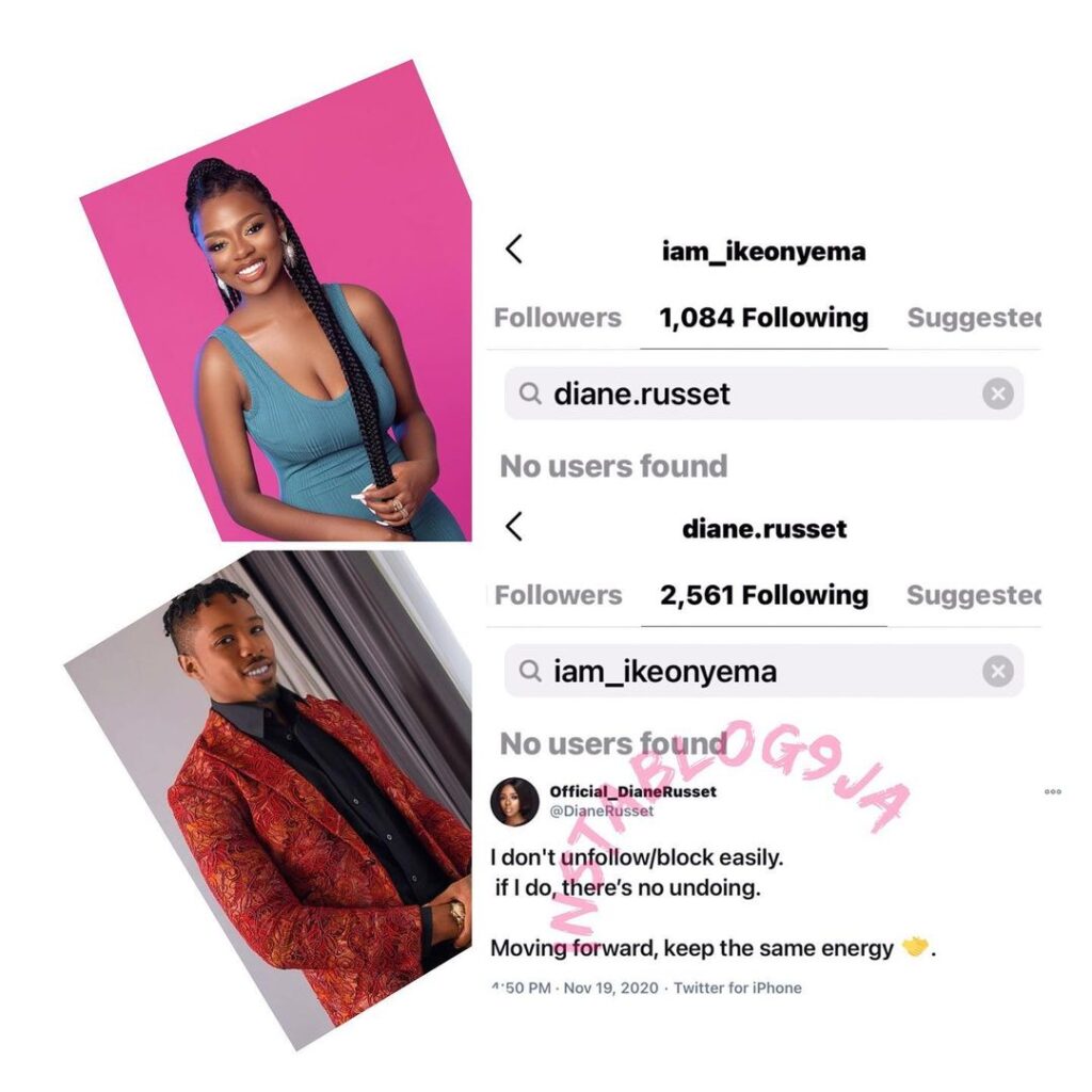 Days after Ike unfollowed her on IG, reality TV star, Diane, returns the favor, tells him to keep the same energy