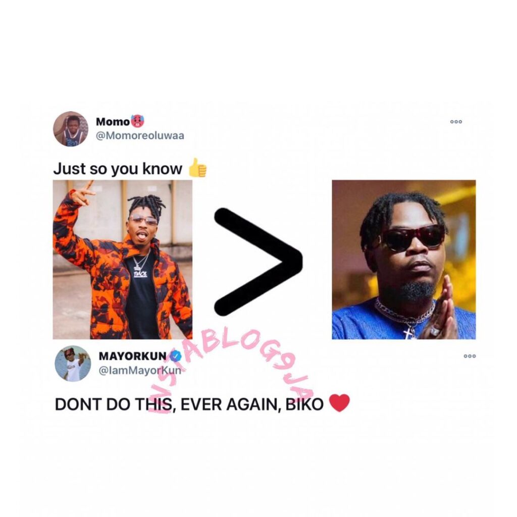 Singer Mayorkun replies fan who said he is greater than rapper Olamide