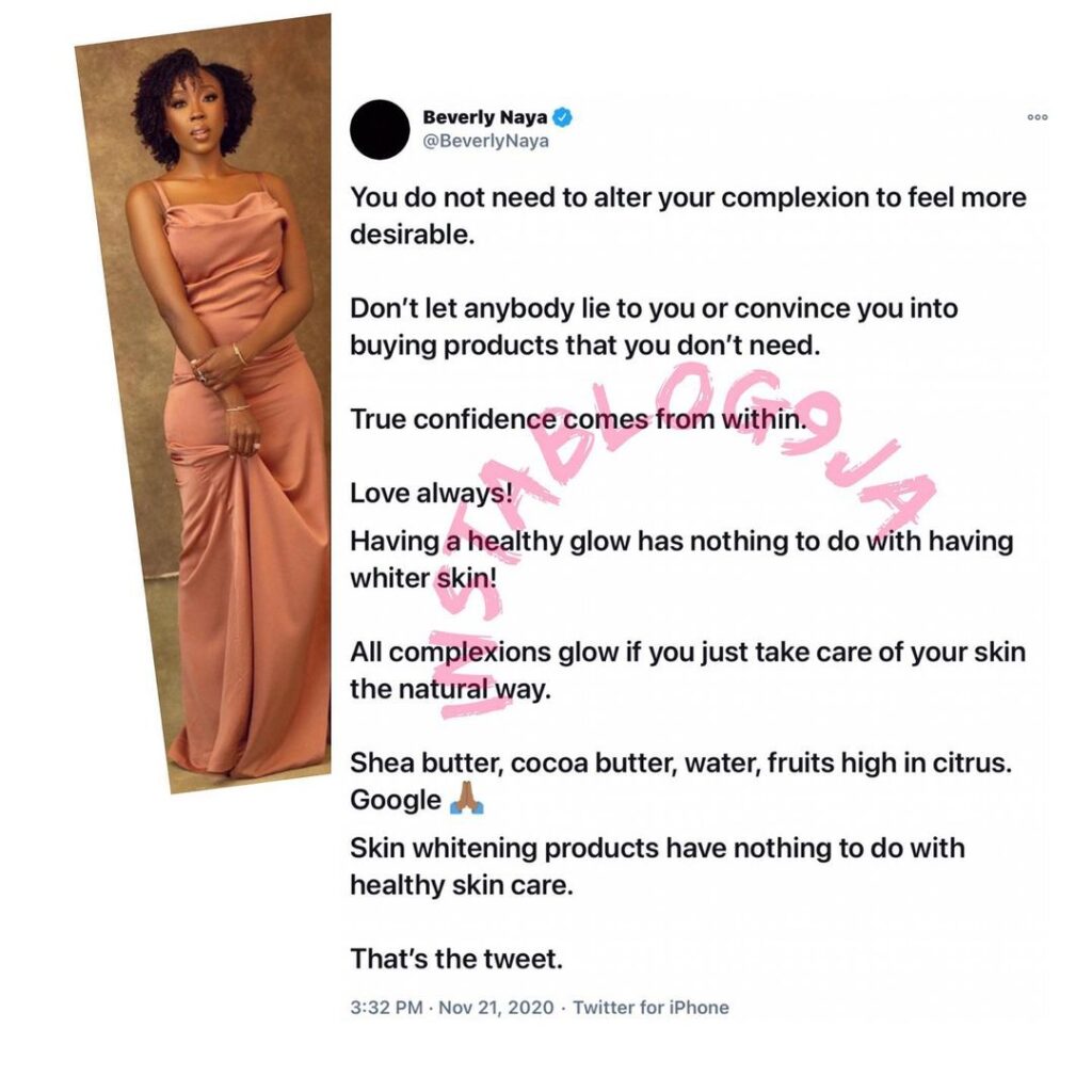 Actress Beverly Naya messages prospective and veteran 'whitewashed' Nigerians