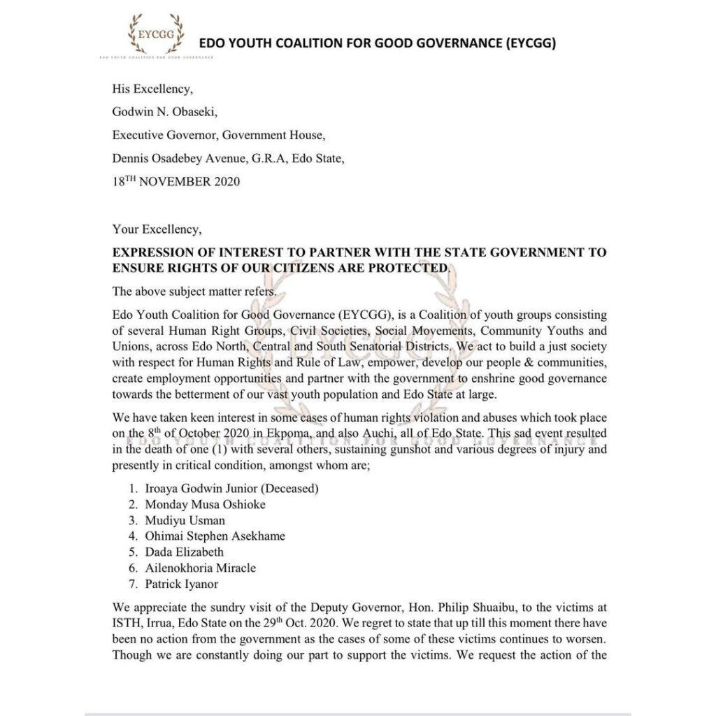 EndSars : Edo State Youth Groups write Governor Obaseki to immediately curb the recent incidences of phone searching and harassment of youths, compensate affected victims of ENDSARS protests