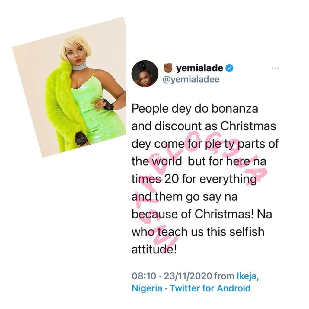 Singer Yemi Alade wonders why Nigerians are selfish