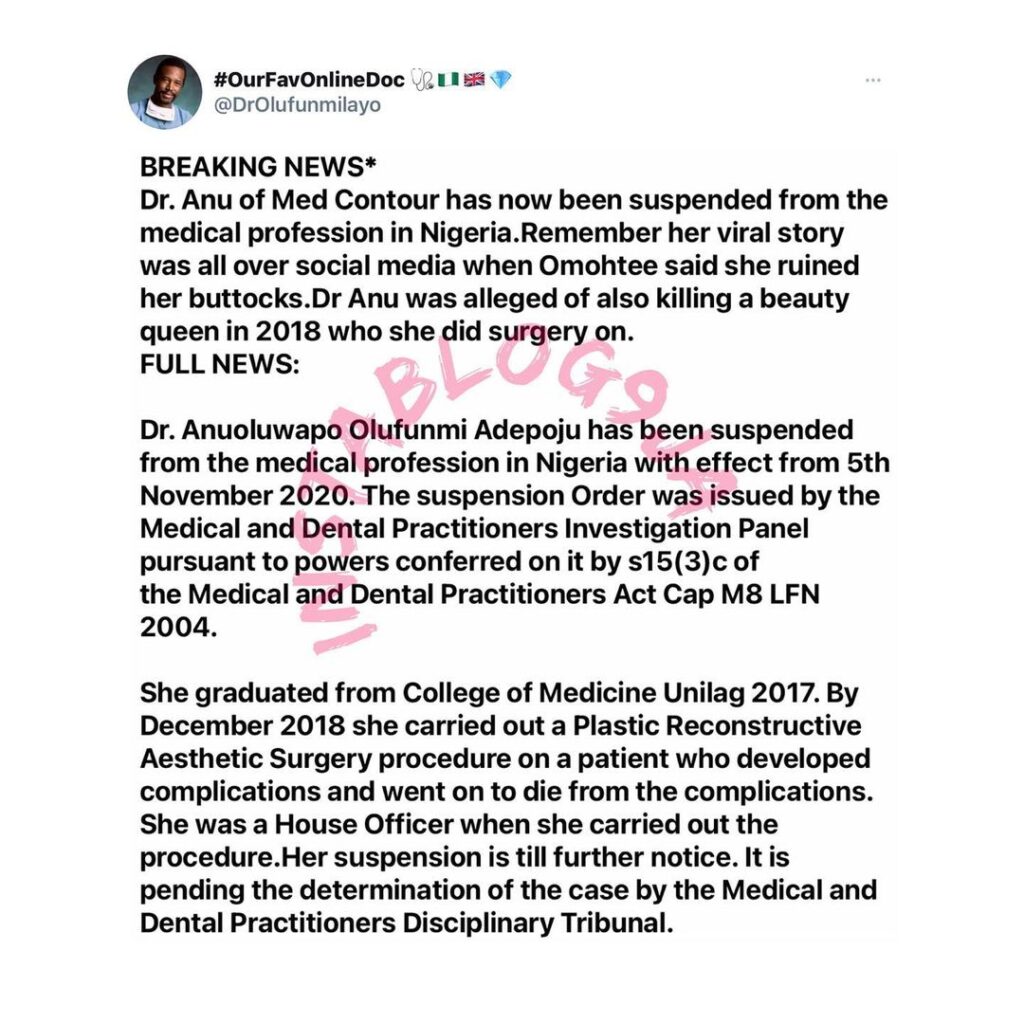 Cosmetic Surgeon, Dr. Anu, of Med Contour, allegedly suspended from the medical profession in Nigeria