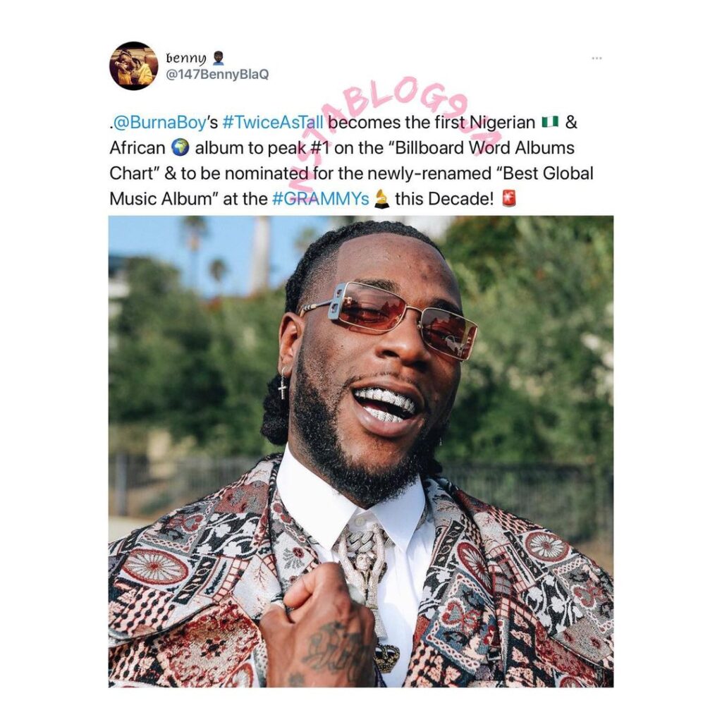 Twice As Tall: Burnaboy gets a second shot at the Grammy. [Swipe]