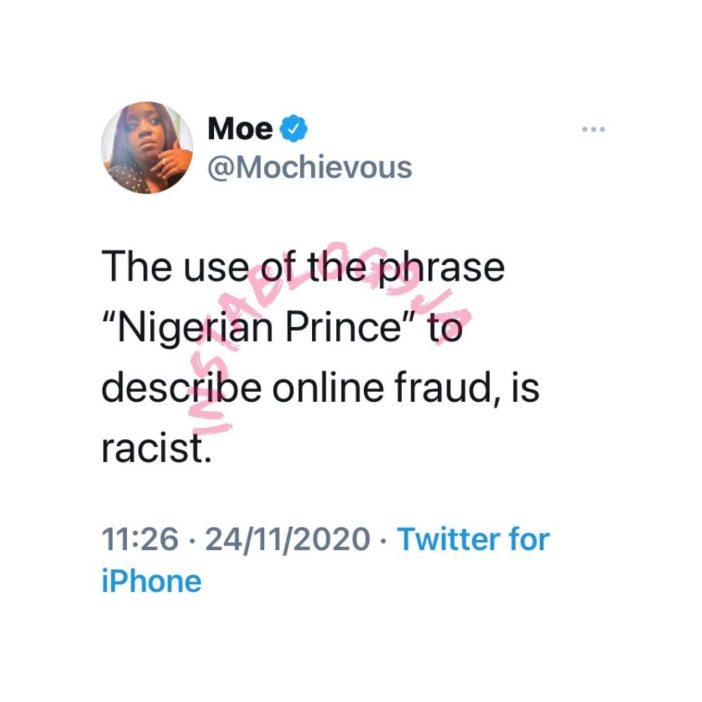 The phrase “Nigerian Prince” is racist — Attorney Moe