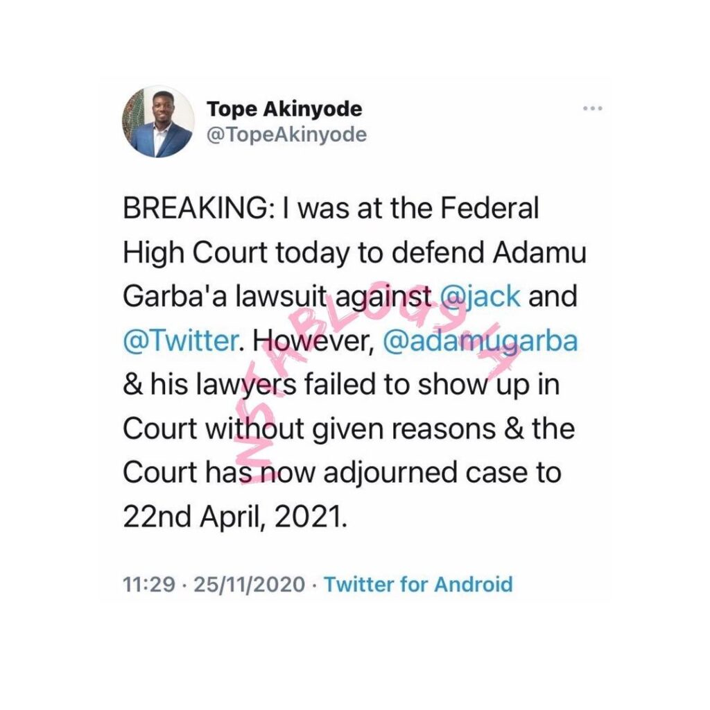 TwitterLawsuit: Ex-Presidential aspirant, Adamu Garba, fails to show up in court for his legal action against Twitter CEO. [Swipe]