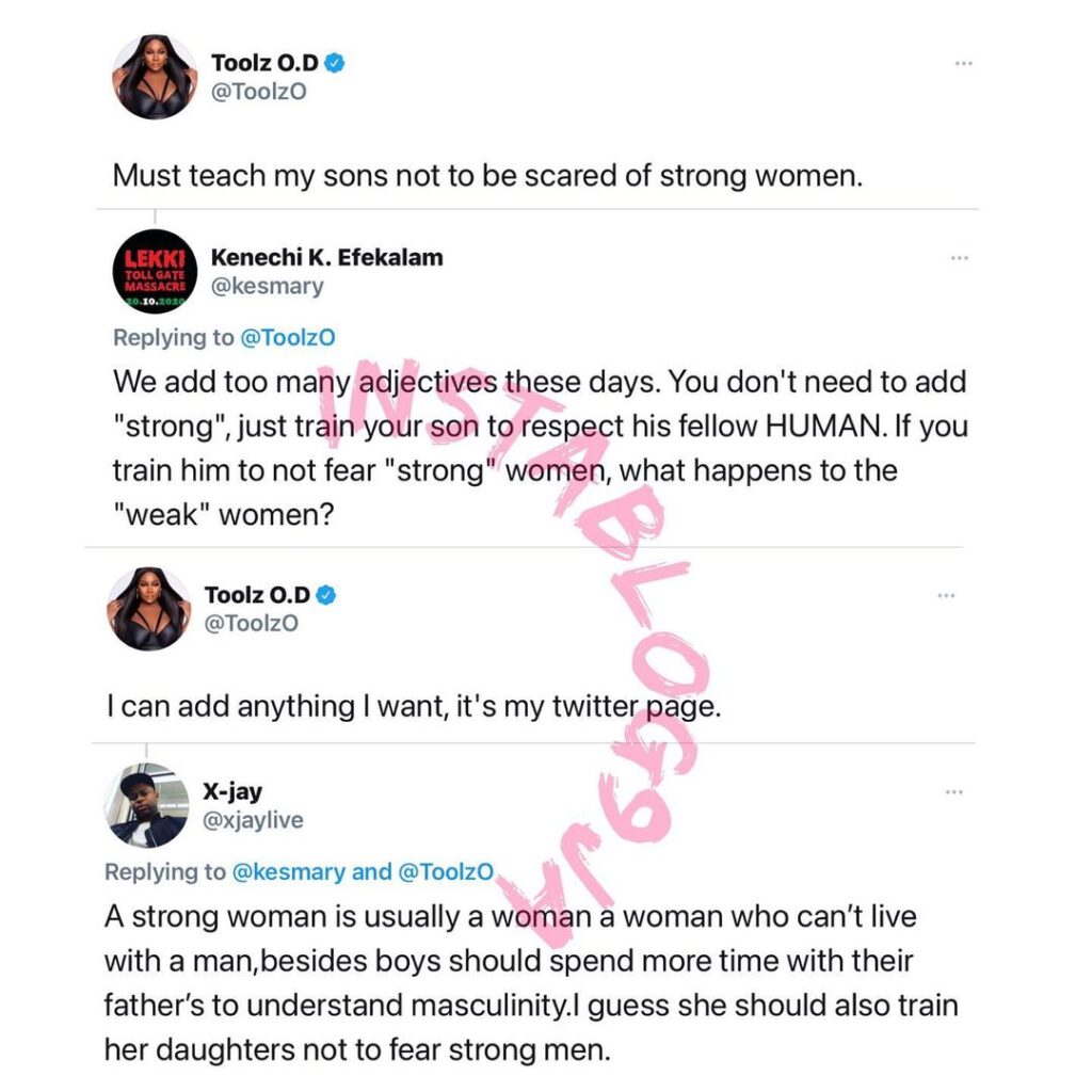 OAP Toolz clashes with followers over her decision to teach her sons, never to be scared of strong women. [Swipe]
