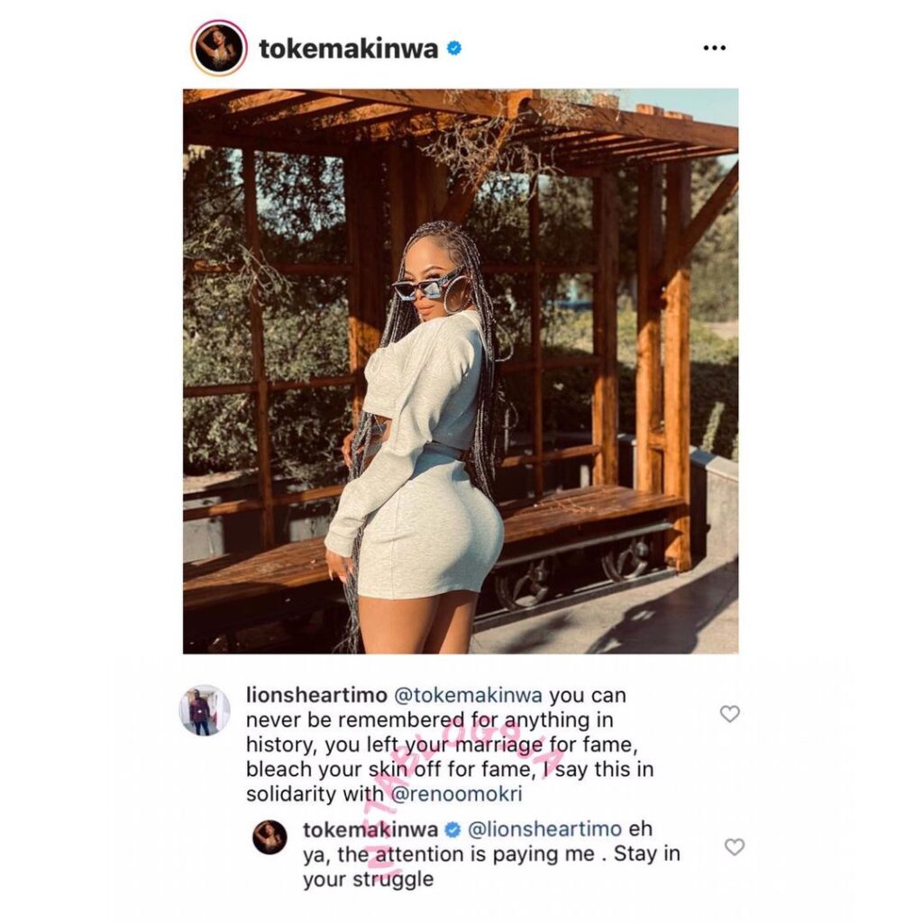 Toke Makinwa replies are man who accused her of leaving her marriage in pursuit of fame