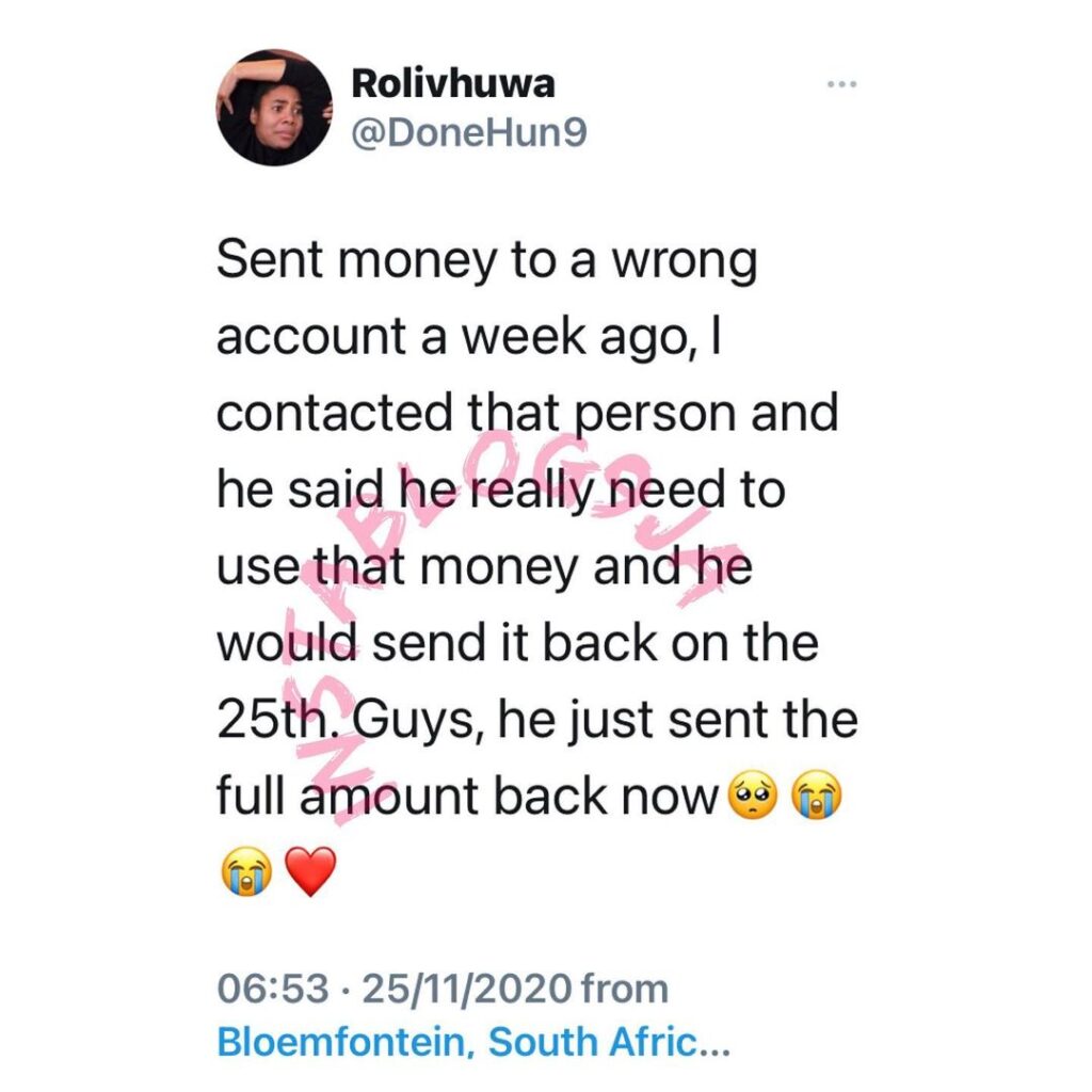 S. African man who used the money mistakenly sent to him, fulfills his promise