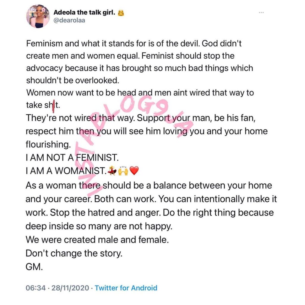 Feminism and what it stands for is of the devil — Nigerian Writer, Adeola