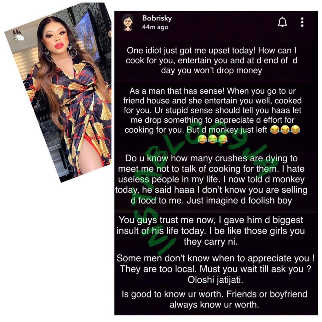 Lagos socialite, Ms Bobrisky, goes off on one of his boys