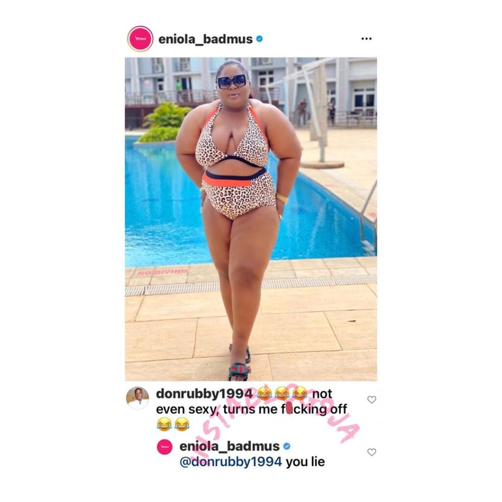 Actress, Eniola Badmus, dismisses a follower’s claim of not being “turned on”, by her bikini body