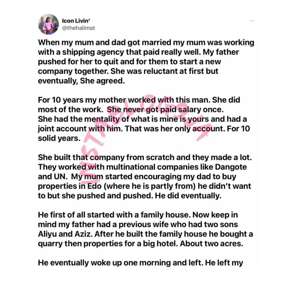 Lady narrates how her mom suffered to build with her dad for years, only to be cut off and denied access to his properties after his death. [Swipe]