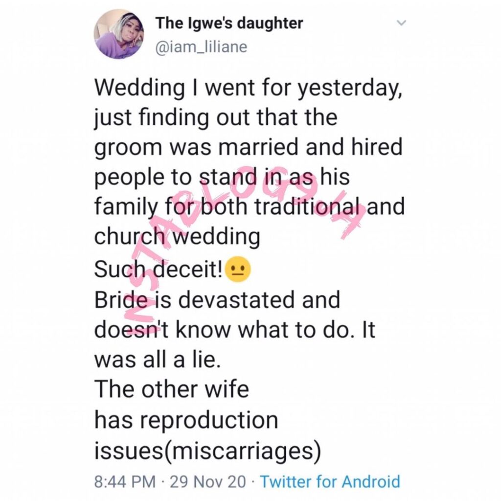 Bride left devastated after finding out her groom is married and only hired people to stand in as his family at their traditional and white wedding