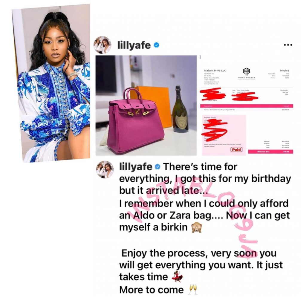 Actress Lilly Afegbai shows off her newly acquired $22,000 birkin bag