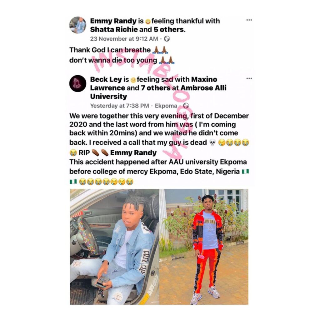 Sad: A week after posting that he didn’t want to die young, man dies in fatal car crash in Edo State