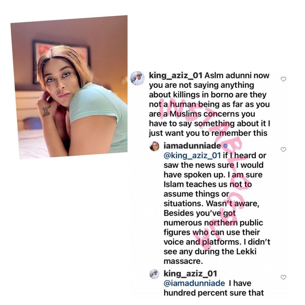 Actress Adunni Ade replies fan who called her out for not speaking against the killings in the North [Swipe]