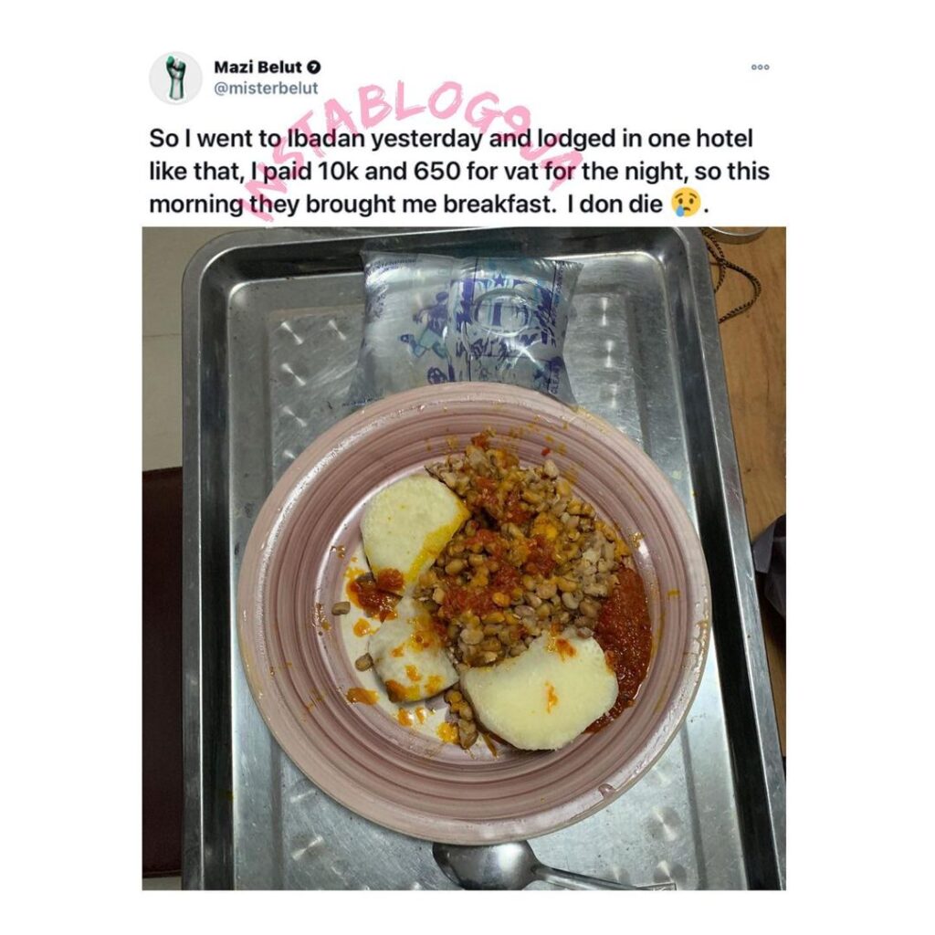 Man laments after being served yam and beans as breakfast at an hotel in Ibadan, Oyo State