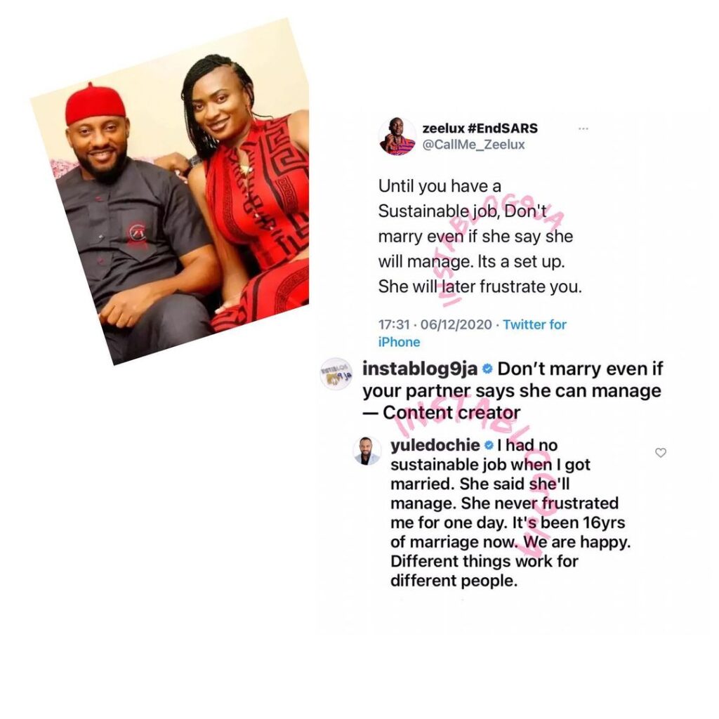 My wife managed and never frustrated me when I had no sustainable job — Actor Yul Edochie