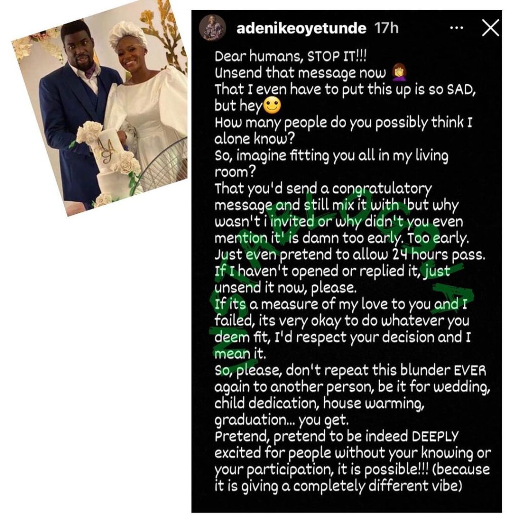 A day after her wedding, OAP Adenike Oyetunde calls out those who sent her ‘condescending’ congratulatory messages. [Swipe]