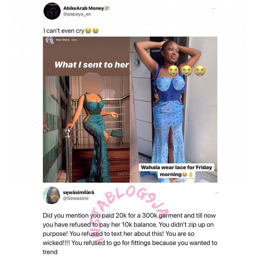 Actress Abike dragged for being displeased with a dress she sewed without completing payment. [Swipe]