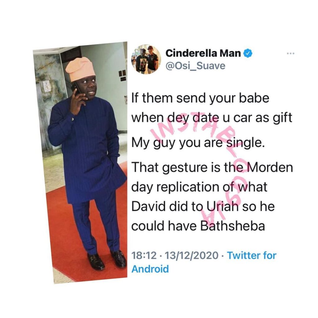 You are single, if they send a lady you are dating a car gift - OAP Osi Tells men