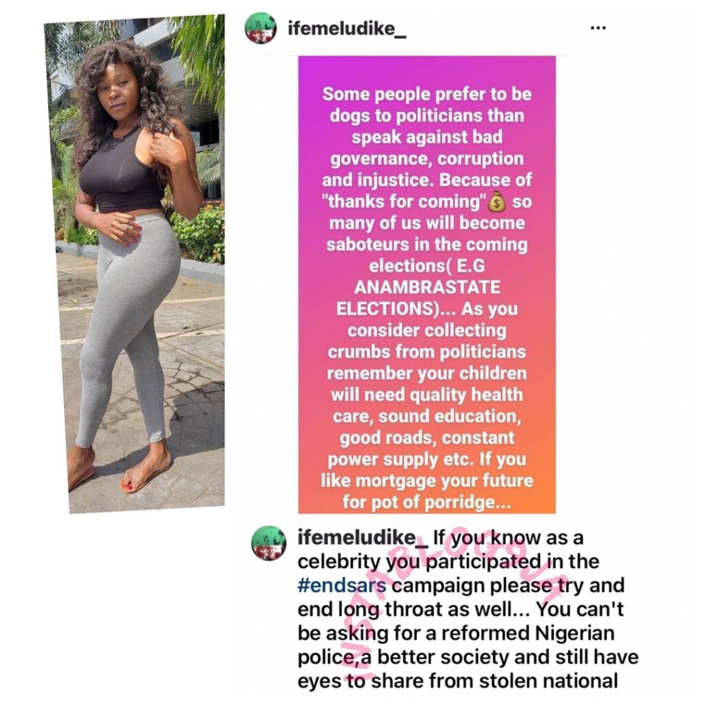 “You can’t be asking for a better society and still have eyes to share stolen national cake,” Actress Ifemeludike berates her colleagues [Swipe]