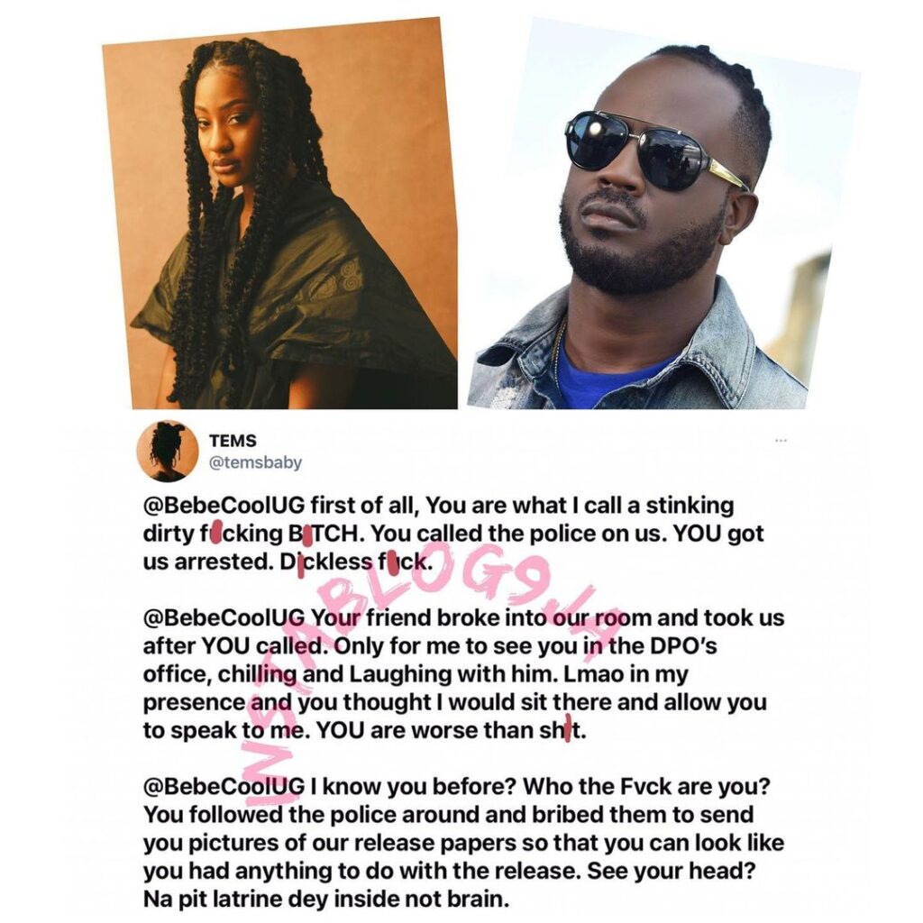 Singer Tems and her manager, Muyiwa, calls out Ugandan singer, Bebe Cool, for allegedly orchestrating their arrest in Uganda. [Swipe]