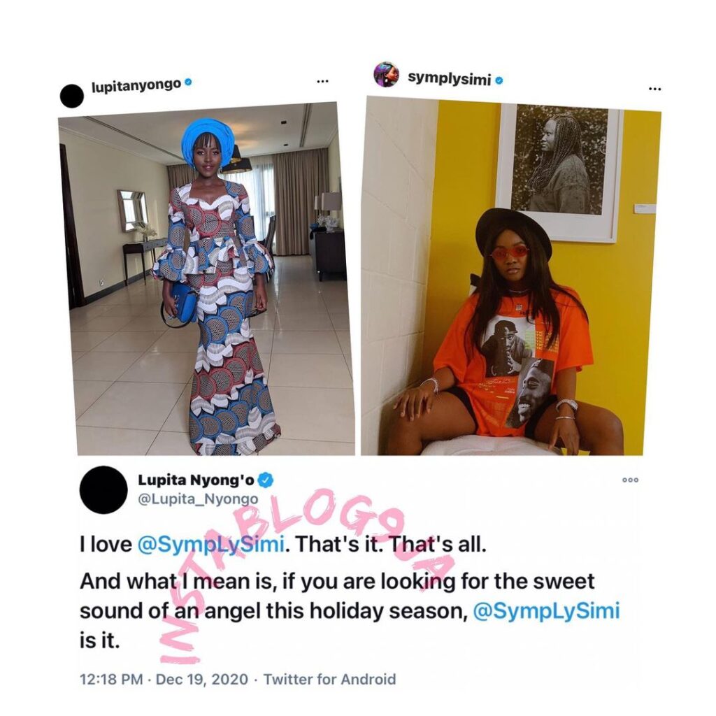 Actress Lupita Nyongo acknowledges Singer Simi’s musical prowess