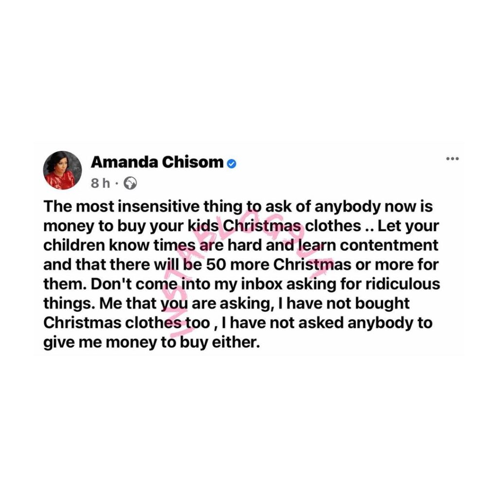 It’s insensitive to ask anyone for money to buy Christmas clothes in this period — Blogger Amanda Chisom