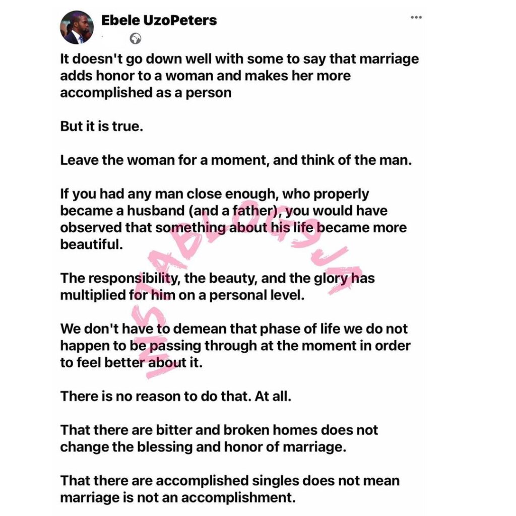 Marriage adds honor to a lady and makes her more accomplished — Writer Uzo Peters. [Swipe]