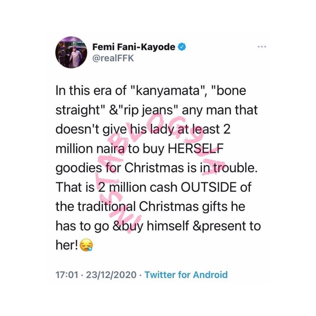 Any man that doesn’t give his lady at least N2m for Christmas is in trouble — Fmr. Min. Of Aviation, Femi Fani-Kayode