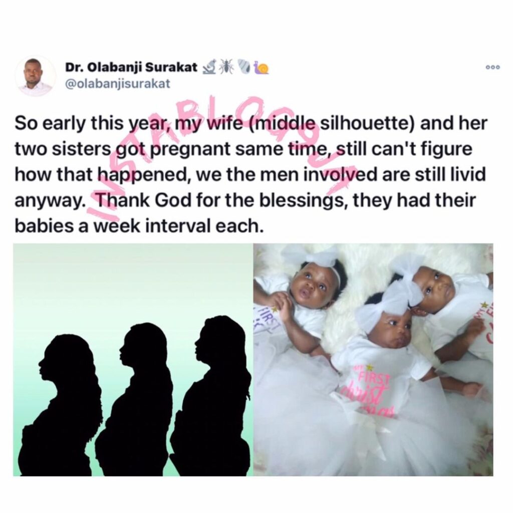 Man reveals his wife and two of her sisters got pregnant at the same time and had their babies one week apart