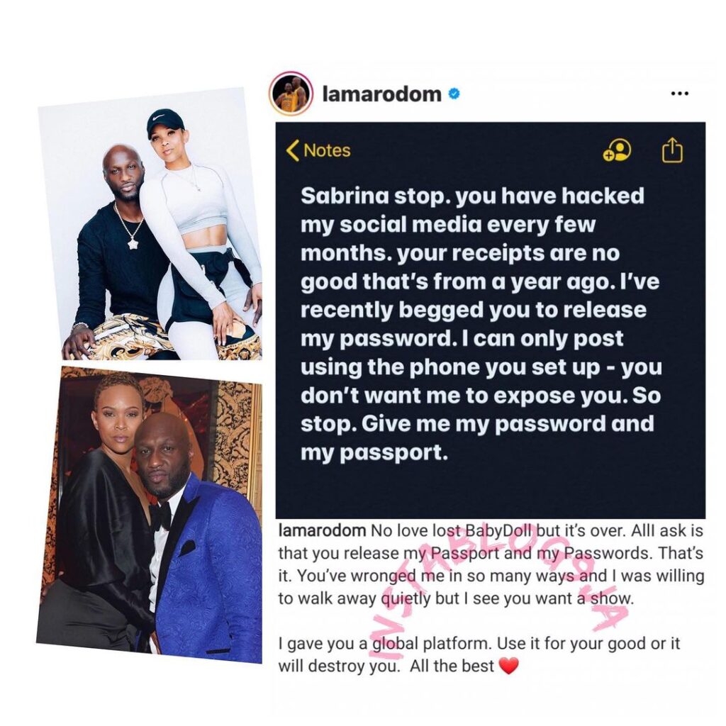 Basketballer Lamar Odom calls out his fiancée, Sabrina Parr. 📷: IG/LamarOdom