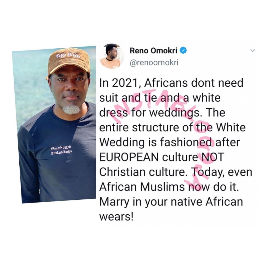 In 2021, Africans don’t need suit and tie and a white dress for weddings — Reno Omokri
