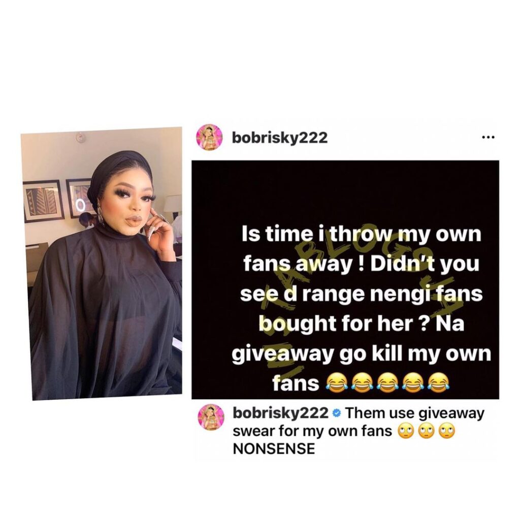 Tears as Crossdresser Bobrisky gets set to bin his fans after Nengi received a car gift from her fans [Swipe]