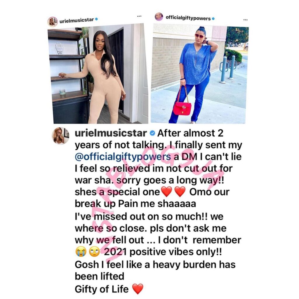 Reality TV Star, Uriel, makes peace with her colleague, Gifty Powers, two years after they fell out