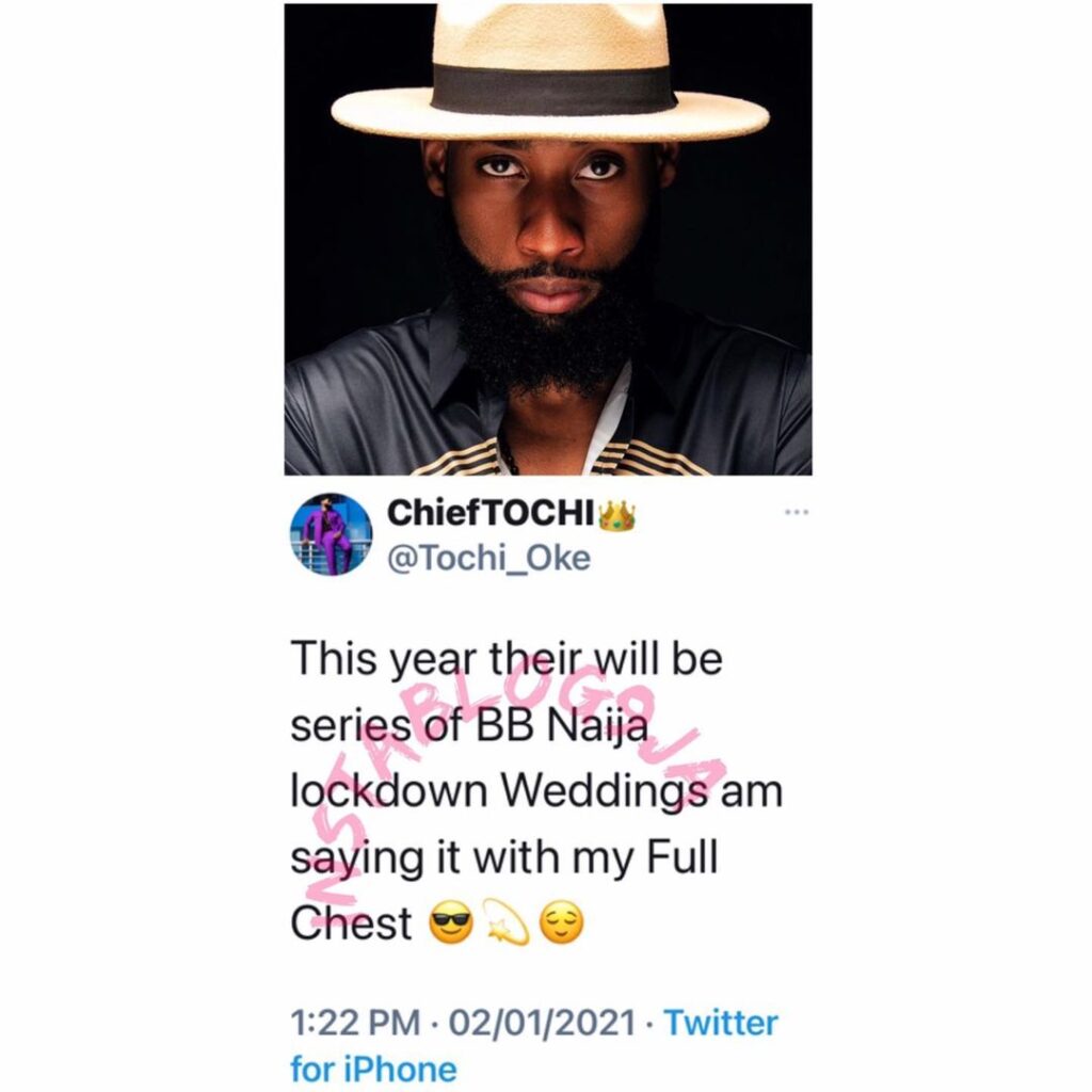 Widespread jubilations accros Nigeria as BBN's Tochi hints about upcoming BBN Lockdown weddings
