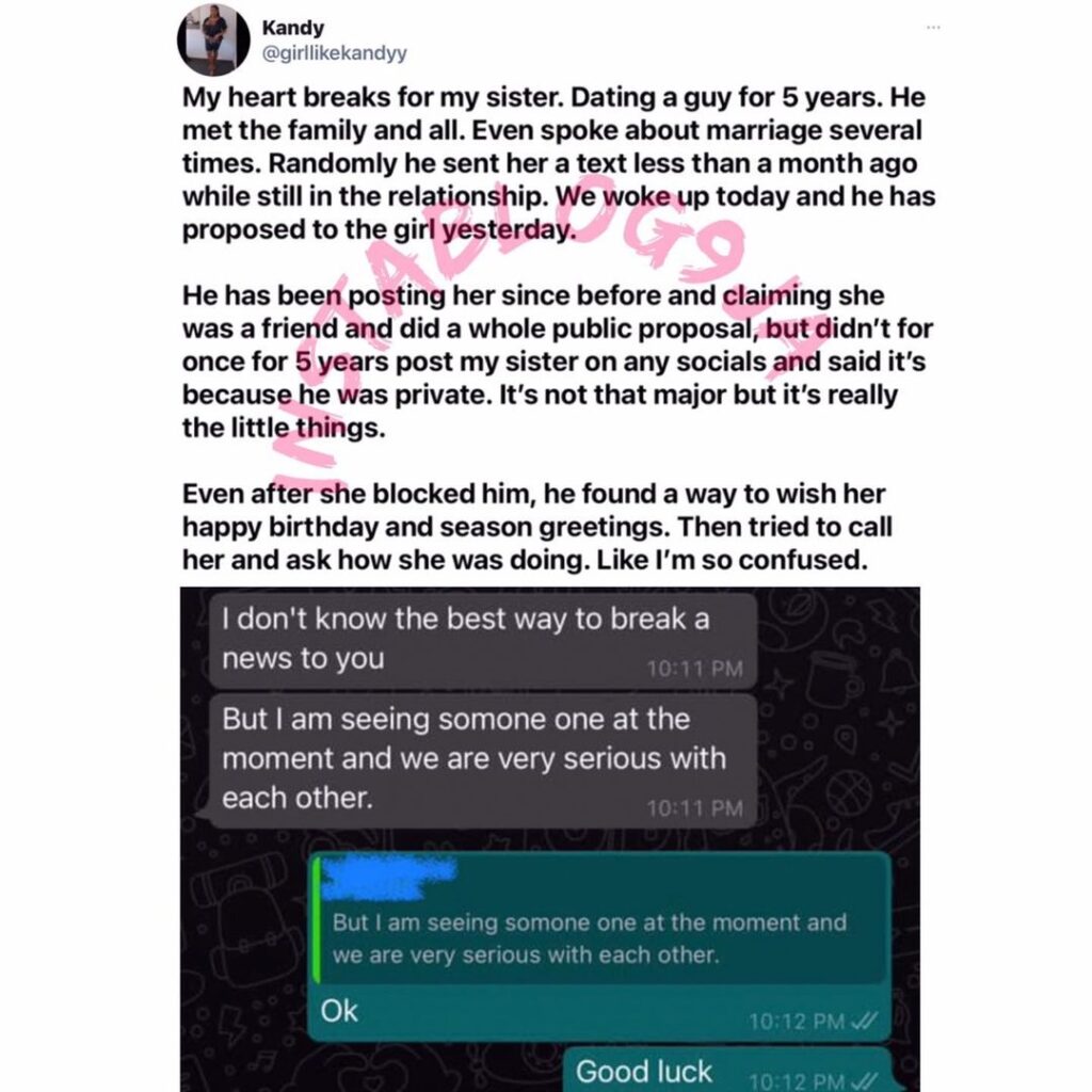 Lady shares her sister’s heartbreaking experience with her boyfriend of 5 years