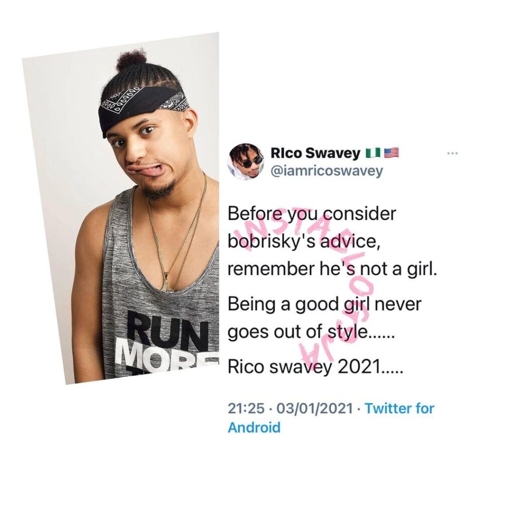 Reality Tv Star, Rico Swavey, warns those who want to heed Bobrisky’s advice in 2021 [Swipe]